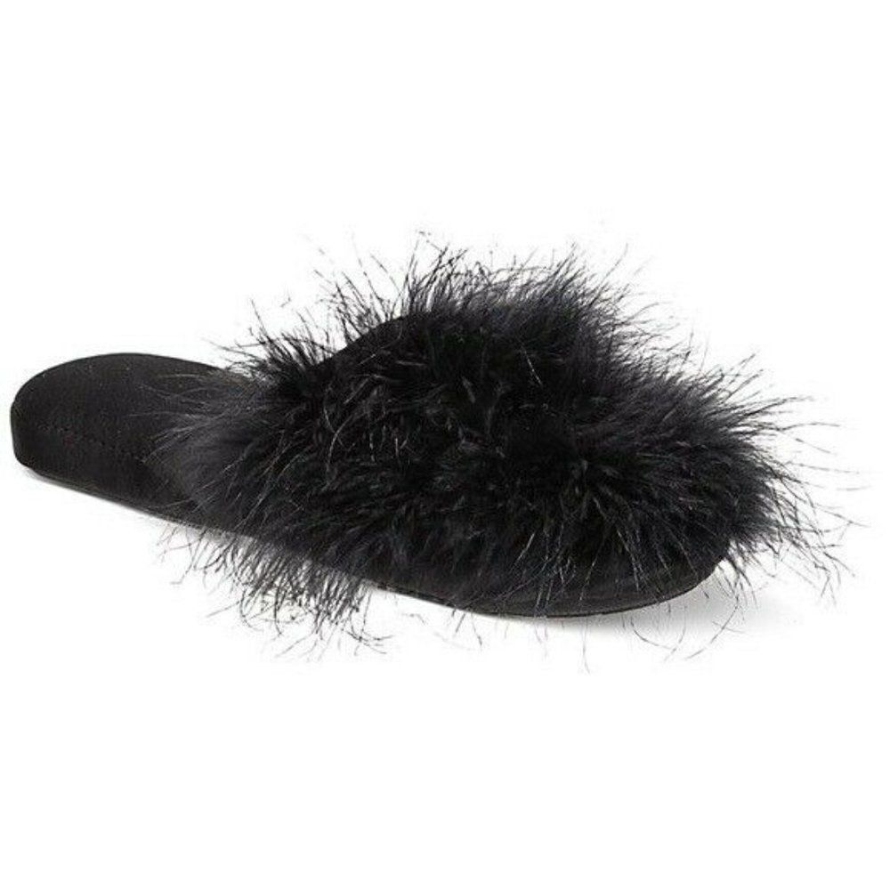INC International Concepts Deep Black Wedge Faux-Marabou Slippers Small 5-6 New
